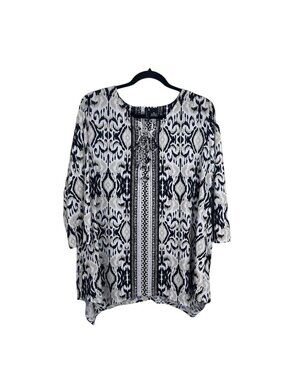 New Directions Women SZ XL LaceUp Tie V Neck Tunic Blouse Asimetric Edge Stretch